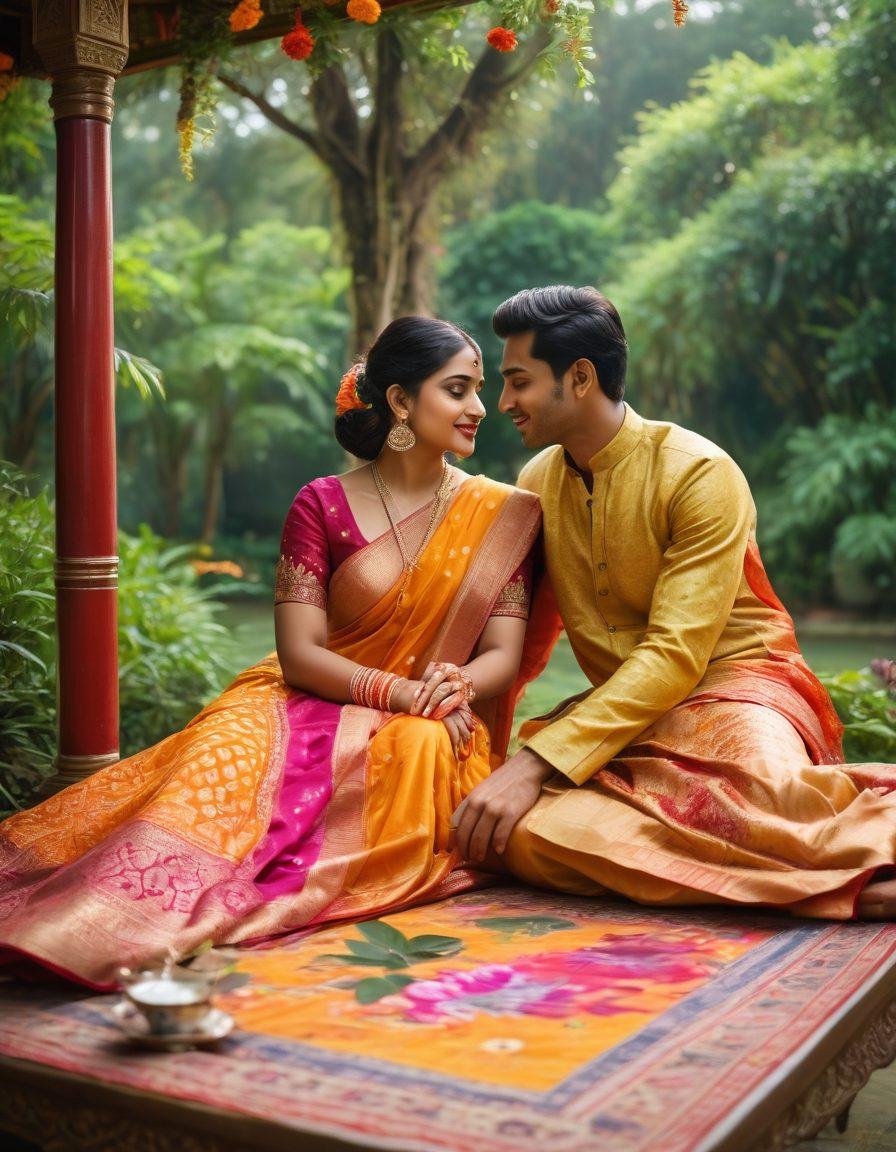 A romantic scene depicting a Bengali couple immersed in a traditional setting, adorned in vibrant sarees and kurtas, surrounded by lush greenery and colorful flowers. They gaze into each other's eyes, embodying the essence of love and passion, with elements of Bengali culture like a beautifully set tea table and intricate traditional patterns in the background. The image should evoke warmth and intensity, capturing the fusion of tradition and desire. super-realistic. vibrant colors. cinematic lighting.