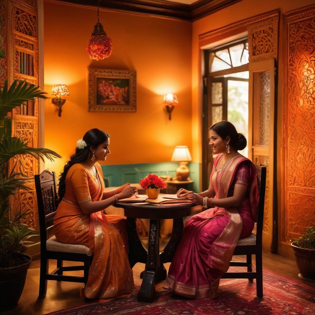 A warm, inviting scene depicting a couple engaged in a heartfelt conversation, surrounded by traditional Bengali decor featuring vibrant colors and intricate patterns. Soft lighting creates an intimate atmosphere, with symbolic elements like flowers and books about intimacy on a nearby table. The background showcases a blend of modern and cultural influences, emphasizing the journey of love and connection in Bengali dating. super-realistic. vibrant colors. warm lighting.