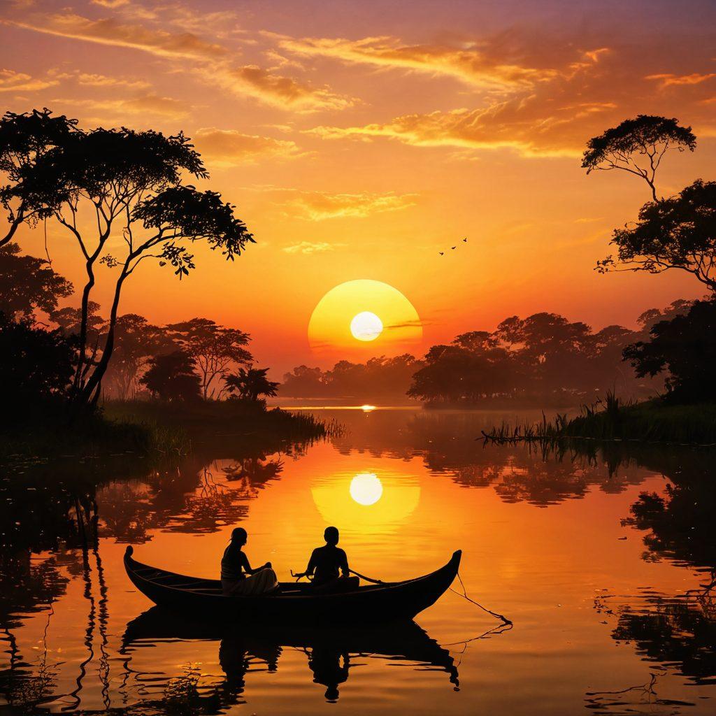 A captivating scene featuring a vibrant sunset over a scenic Bengali landscape, embodying romance with soft silhouettes of a couple sharing an intimate moment by a riverside. Include elements of traditional Bengali culture, like a boat adorned with lotus flowers and lush greenery in the background. The atmosphere should evoke passion and pleasure, with warm hues contrasting against the tranquil water. super-realistic. vibrant colors. 3D.